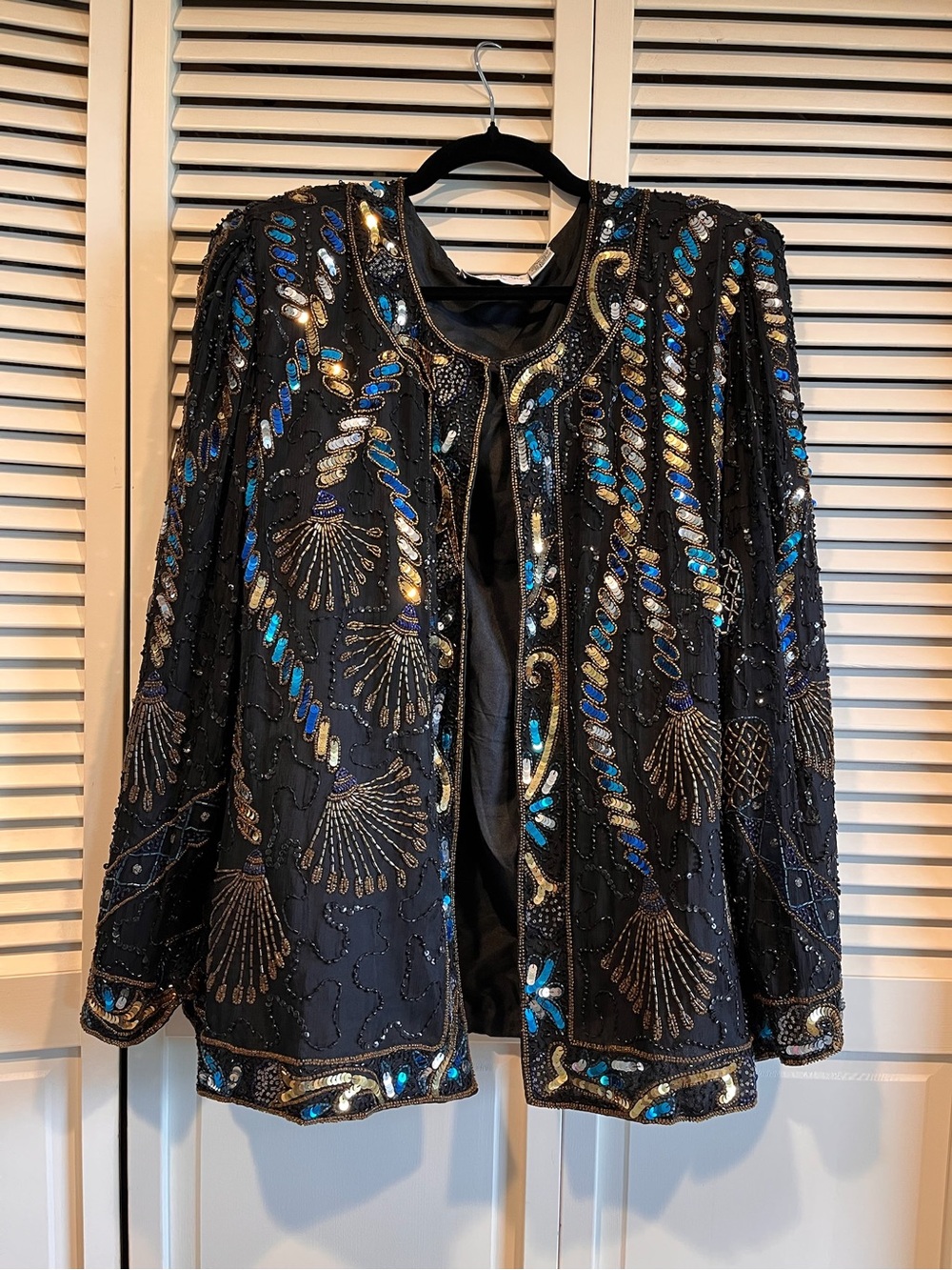 Laurence Kazar Black Beaded Sequined Jacket with Blue & Gold Accents